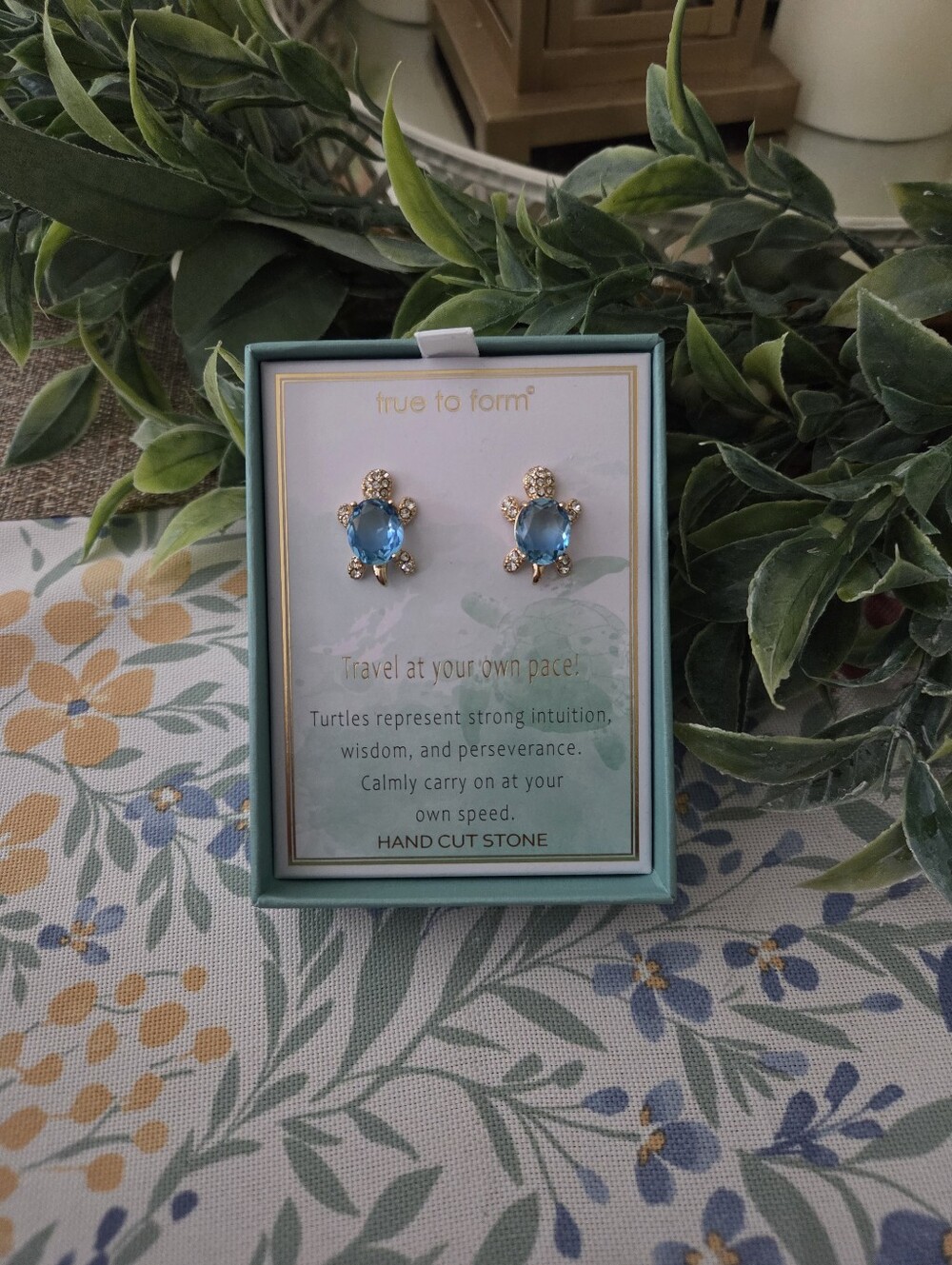 True to Form Blue Turtle Stud Earrings - Gold Tone